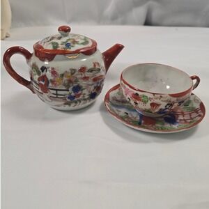 Vintage Japanese Kutani Geisha Hand Painted Tea Set Teapot Cup Saucer Japan